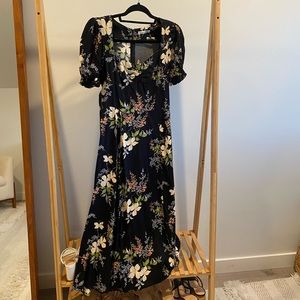 Reformation Black Floral Midi Dress with puffed sleeves- Size 6